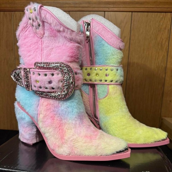 Dolls Kill Shoes - Dolls Kill Pastel tie-dye fuzzy festival style cowboy boots Size 8 Womens